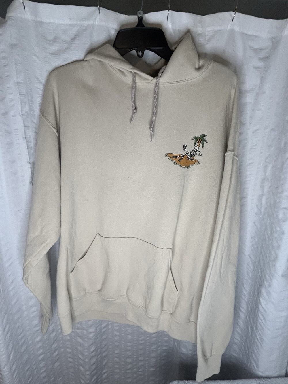 Bowery Supply Co. Skeleton Beach Graphic Hoodie Beige Fleece Pullover Men's M
